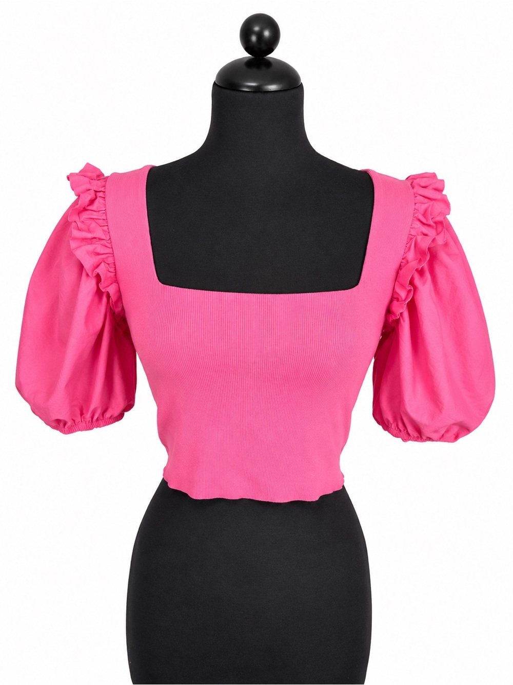 Zara Hot Pink Puff Sleeve Cropped Top